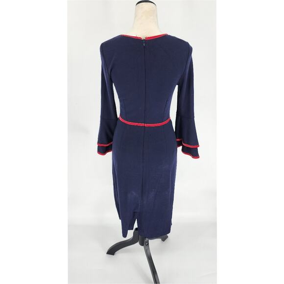 Boden Cora Dress Velvet Trimmed Fluted Sleeves Jersey Navy Blue Red Size 2P - Picture 4 of 6
